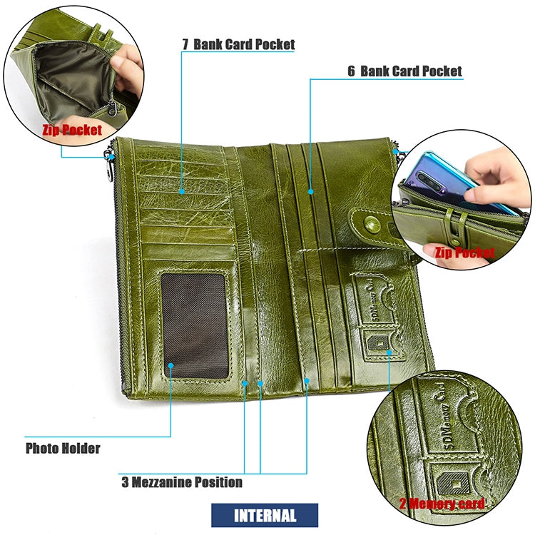 3520 Long Cowhide Leather Folding Anti-magnetic RFID Wallet for Ladies, with Card Slots, 3520 Green, 3520 Blue, 3520 Red, 3520 Yellowish-brown, 3520 Black, 3520 Coffee