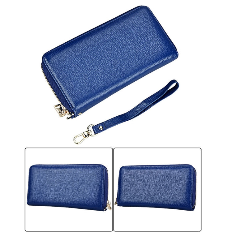 Genuine Cowhide Leather Litchi Texture Zipper Long Style Card Holder Wallet RFID Blocking Coin Purse Card Bag Protect Case with Hand Strap for Women, Size: 20*10.5*3cm