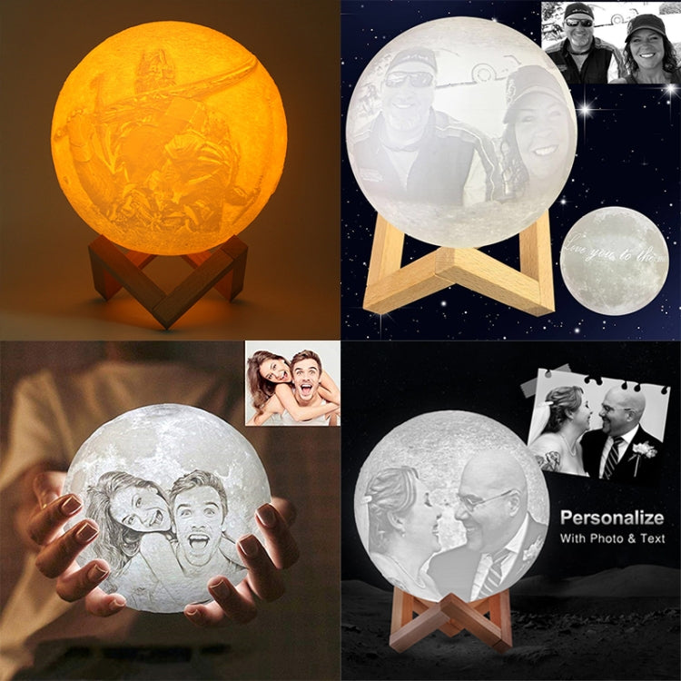 Customized Touch Switch 3-color 3D Print Moon Lamp USB Charging Energy-saving LED Night Light with Wooden Holder Base, 8cm, 10cm, 13cm, 15cm, 18cm, 20cm