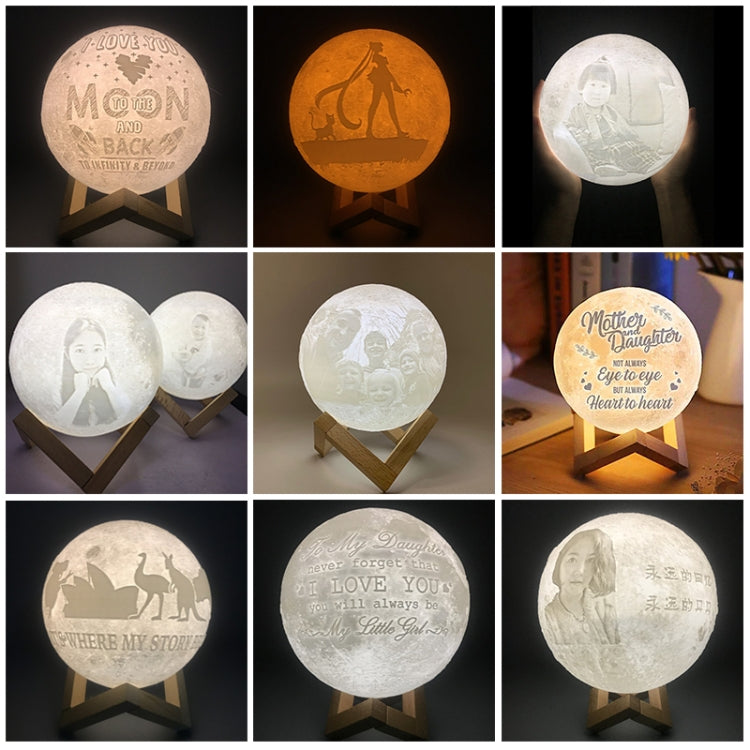 Customized Touch Switch 3-color 3D Print Moon Lamp USB Charging Energy-saving LED Night Light with Wooden Holder Base, 8cm, 10cm, 13cm, 15cm, 18cm, 20cm