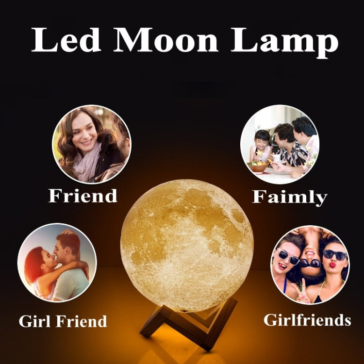 Customized Patted 3-color 3D Print Moon Lamp USB Charging Energy-saving LED Night Light with Wooden Holder Base, 8cm, 10cm, 13cm, 15cm, 18cm, 20cm