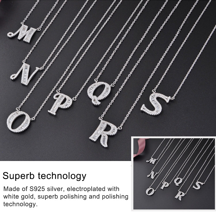 Women Fashion S925 Sterling Silver English Alphabet Pendant Necklace, A, B, C, D, E, F, G, H, I, J, K, L, M, N, O, P, Q, R, S, T, U, V, W, X, Y, Z