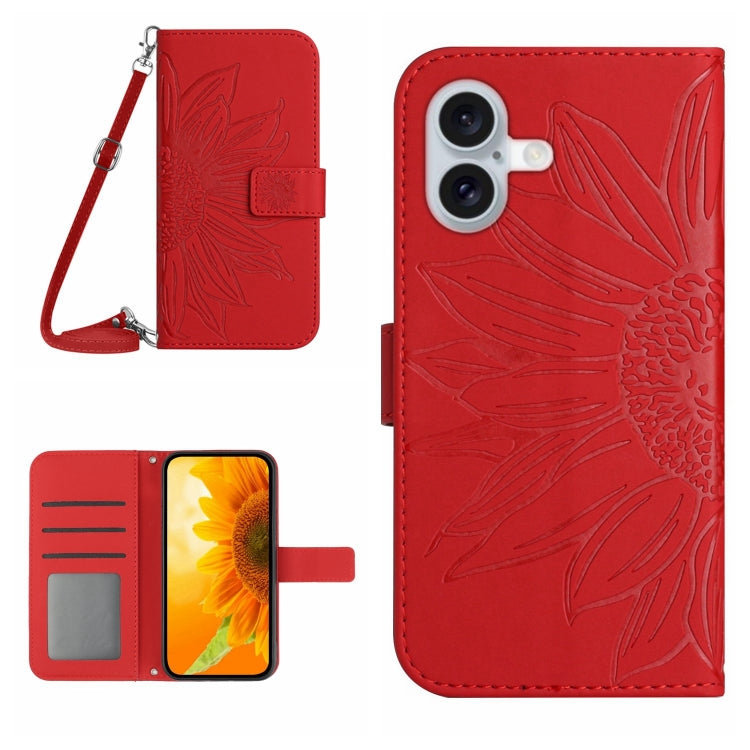 Skin Feel Sun Flower Embossed Flip Leather Phone Case with Lanyard, For iPhone 16, For iPhone 15 Pro Max, For iPhone 15 Pro, For iPhone 15 Plus