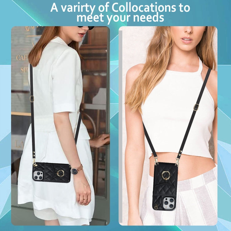 Rhombic Texture Card Bag Phone Case with Long Lanyard, For iPhone 15 Pro, For iPhone 15 Plus, For iPhone 15, For iPhone 14 Plus, For iPhone 14, For iPhone 14 Pro