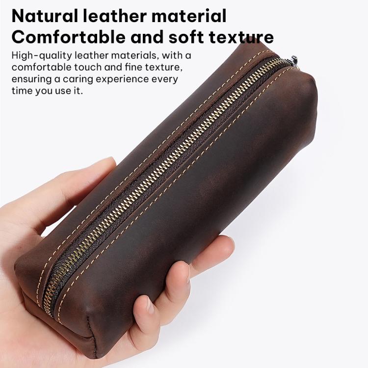 Crazy Horse Leather Stationery Pencil Case Zippered Storage Bag