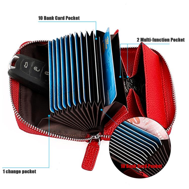 KB23 RFID Accordion Multi-card Slot Genuine Leather Zipper Card Bag