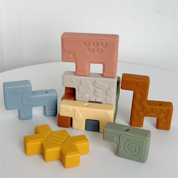 10pcs / Set Children Early Educational Soft Building Block Relief-carved Stacking Game, Animals, House