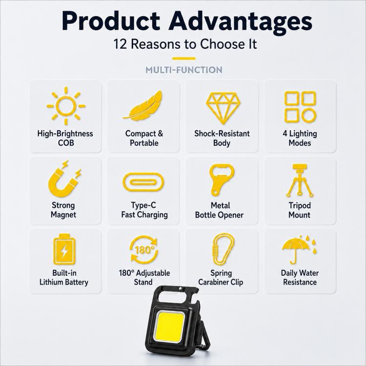Portable Keychain Camping Light Mini COB LED Flashlight, 150mAh, 200mAh, 300mAh, 500mAh, 800mAh