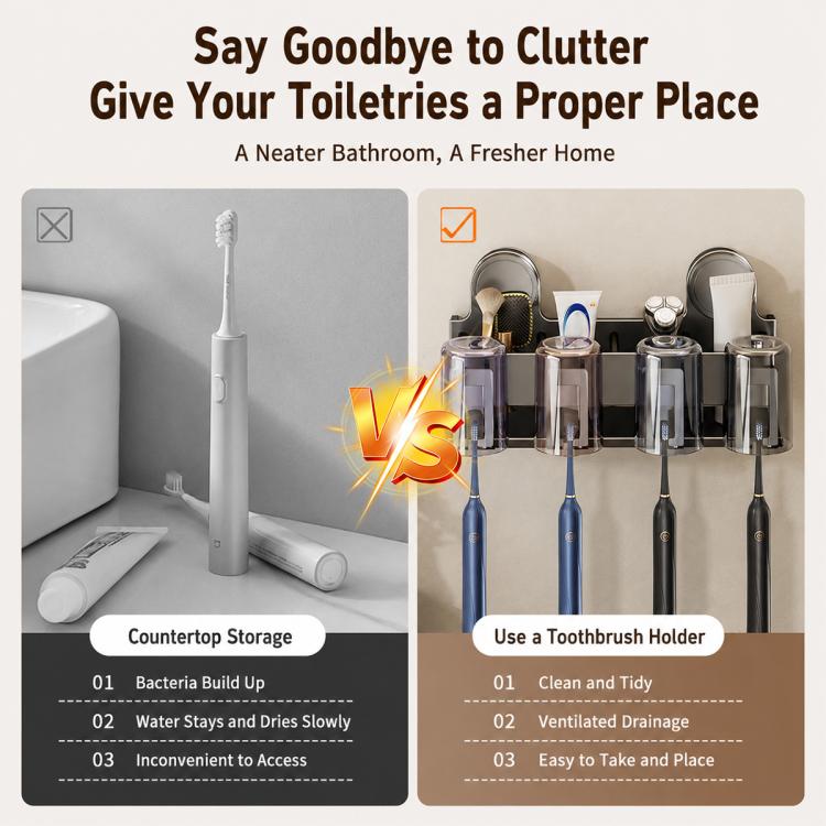 No-drill Vacuum Suction Cup Toothbrush Holder, 2-person, 3-person, 4-person, 2-person with Cup, 3-person with Cup, 4-person with Cup