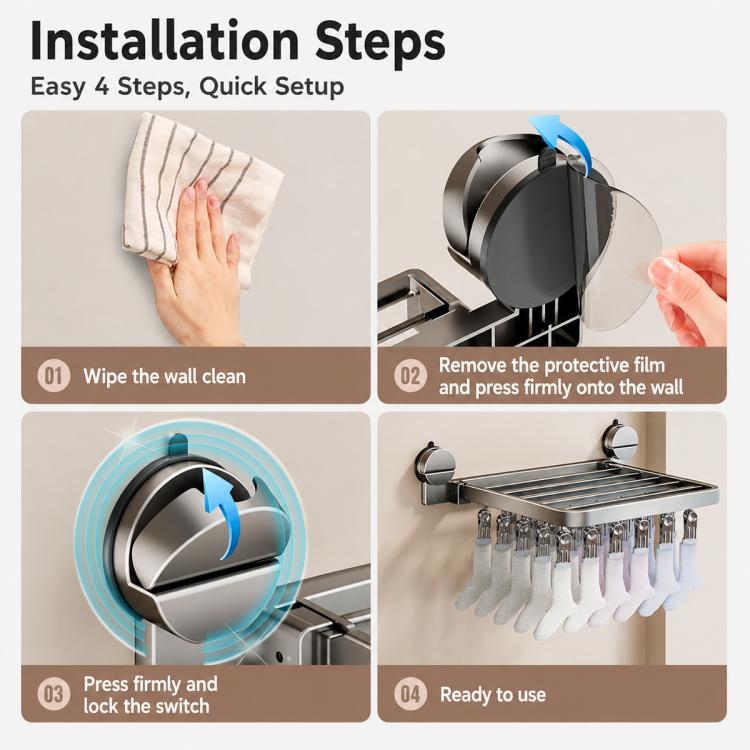 No-drill Vacuum Suction Cup Multi-Clip Folding Balcony Underwear Drying Rack, 18 Clips, 24 Clips, 30 Clips