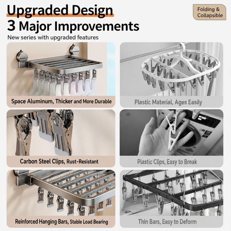 No-drill Vacuum Suction Cup Multi-Clip Folding Balcony Underwear Drying Rack, 18 Clips, 24 Clips, 30 Clips