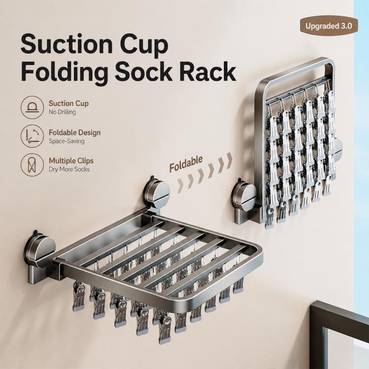 No-drill Vacuum Suction Cup Multi-Clip Folding Balcony Underwear Drying Rack, 18 Clips, 24 Clips, 30 Clips