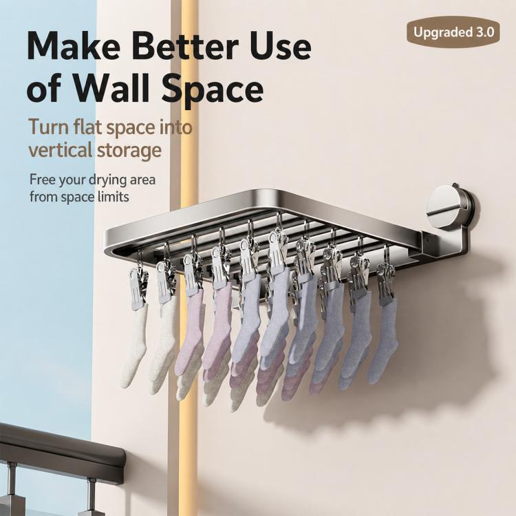 No-drill Vacuum Suction Cup Multi-Clip Folding Balcony Underwear Drying Rack, 18 Clips, 24 Clips, 30 Clips
