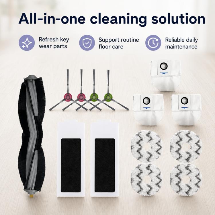 For Ecovacs DEEBOT T20 Pro / T20 Max / T20 Replacement Parts, 14pcs Combo, Main Brush, Activated Carbon Filter, Dual White Side Brush, Dual Grey Side Brush, Mop Pad Holder, Dust Bag, Activated Carbon Dust Bag, White Mop Pad, Grey Mop Pad               ...