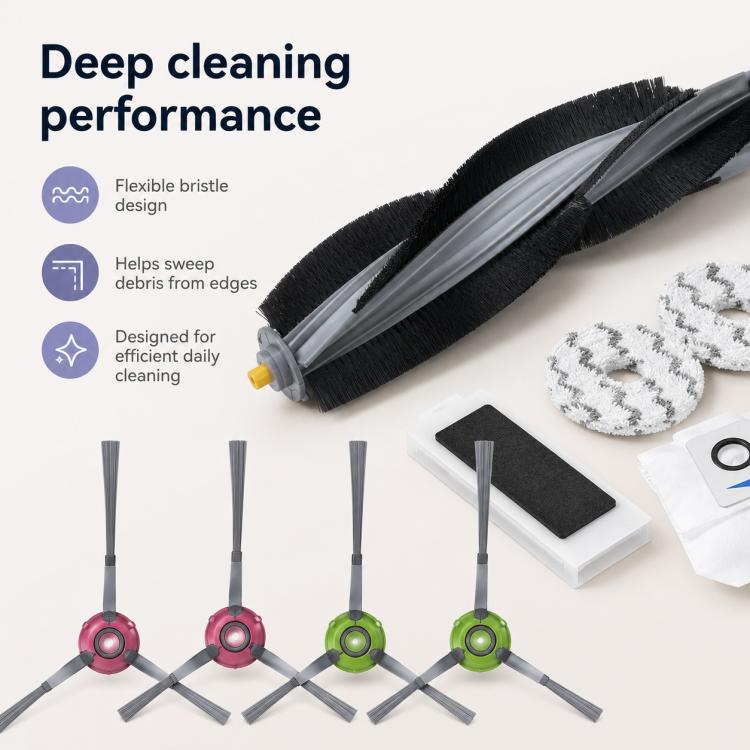 For Ecovacs DEEBOT T20 Pro / T20 Max / T20 Replacement Parts, 14pcs Combo, Main Brush, Activated Carbon Filter, Dual White Side Brush, Dual Grey Side Brush, Mop Pad Holder, Dust Bag, Activated Carbon Dust Bag, White Mop Pad, Grey Mop Pad               ...