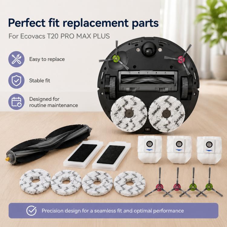 For Ecovacs DEEBOT T20 Pro / T20 Max / T20 Replacement Parts, 14pcs Combo, Main Brush, Activated Carbon Filter, Dual White Side Brush, Dual Grey Side Brush, Mop Pad Holder, Dust Bag, Activated Carbon Dust Bag, White Mop Pad, Grey Mop Pad               ...