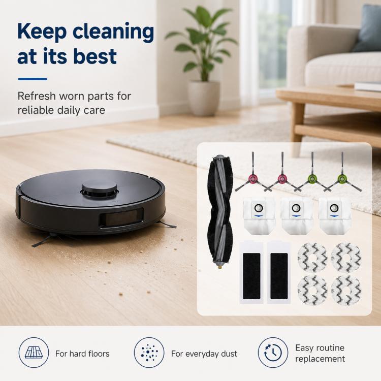 For Ecovacs DEEBOT T20 Pro / T20 Max / T20 Replacement Parts, 14pcs Combo, Main Brush, Activated Carbon Filter, Dual White Side Brush, Dual Grey Side Brush, Mop Pad Holder, Dust Bag, Activated Carbon Dust Bag, White Mop Pad, Grey Mop Pad               ...