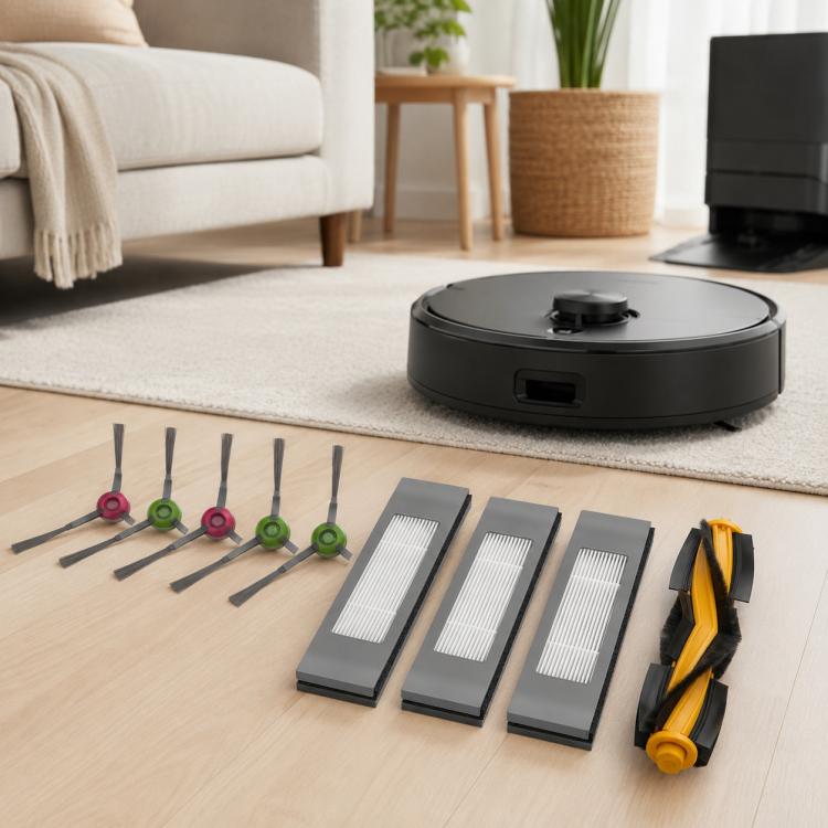 For Ecovacs DEEBOT T5 / T5 Max / N5 / N8 / DV35 / DJ65 / DX55 Replacement Parts, Dual Side Brush, Filter, Mop Pad, Disposable Mop Pad, 10pcs/Pack Wet Mop Pad, Mop Pad Holder, Dust Box, Dust Box Flap, 10pcs Hook and Loop Fastener, 9pcs Combo, 10pcs Combo