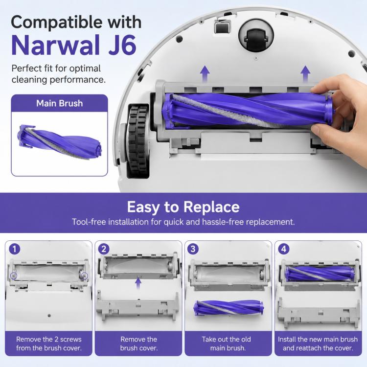 For Narwal J6 Robot Vacuum Cleaner Replacement Parts, Main Brush, Side Brush, Dual Filter, Dust Bag, Track Mop Pad