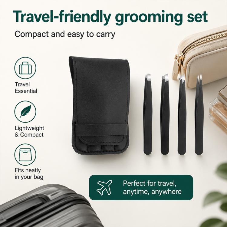 4pcs/Set Stainless Steel Tweezers Eyebrow Shaping Tool Kit with PU Leather Bag