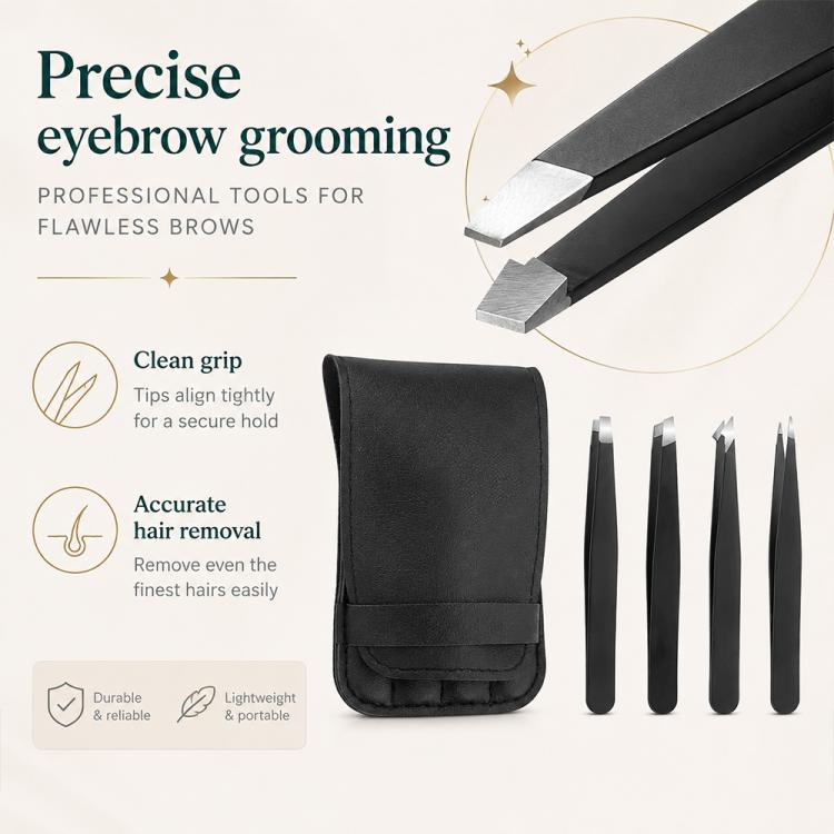 4pcs/Set Stainless Steel Tweezers Eyebrow Shaping Tool Kit with PU Leather Bag