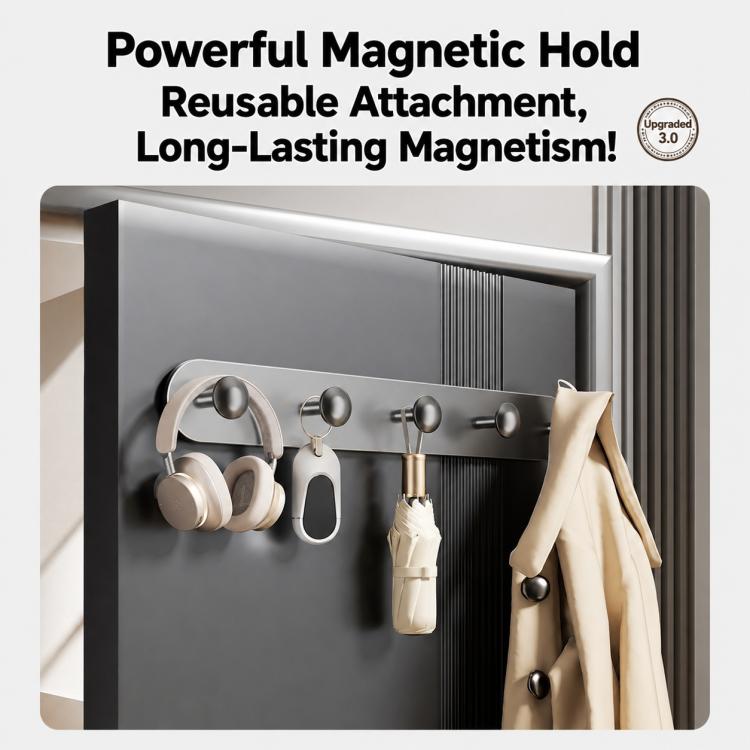 Multifunctional Magnetic Storage Hook Rack Wall Mounted No Drilling Hook Rail, 4 Hooks, 5 Hooks, 6 Hooks