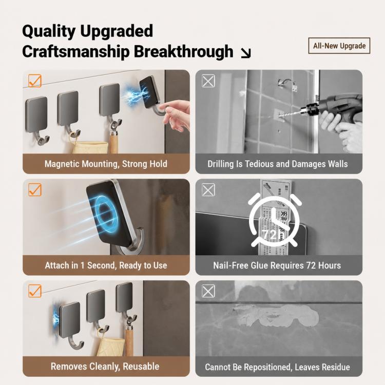 Wall Mounted No Drilling Magnetic Square Metal Hook, Single Pack, 5pcs Pack, 10pcs Pack