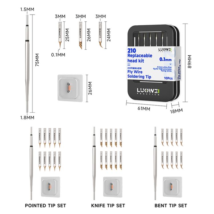 LUOWEI LW-C210F Series 10 in 1 Flying Wire Soldering Iron Tip Set, Elbow, Tip, Slant Blade