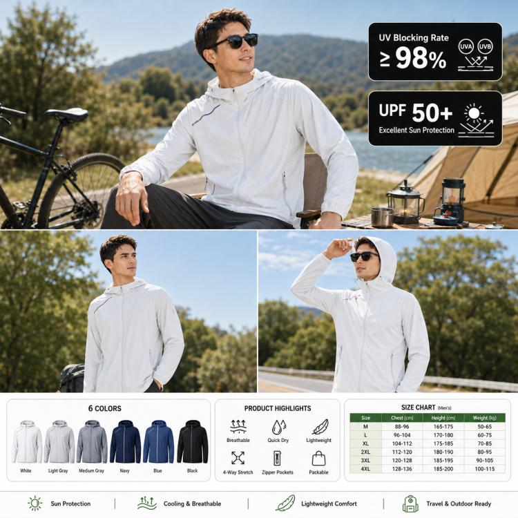 UPF50+ Lightweight Breathable Sun Protection Men Coat, M, L, XL, 2XL, 3XL, 4XL
