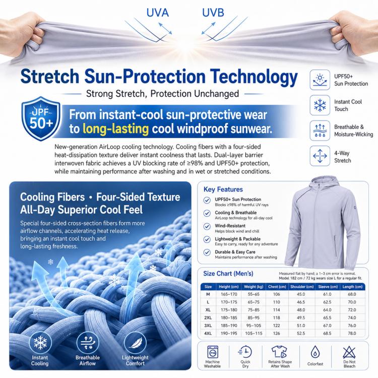 UPF50+ Lightweight Breathable Sun Protection Men Coat, M, L, XL, 2XL, 3XL, 4XL