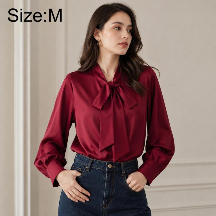Bow Tie Neck Blouse Long Sleeve Women Casual Office Shirt, S, M, L, XL