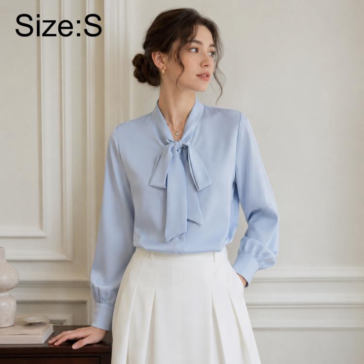 Bow Tie Neck Blouse Long Sleeve Women Casual Office Shirt, S, M, L, XL