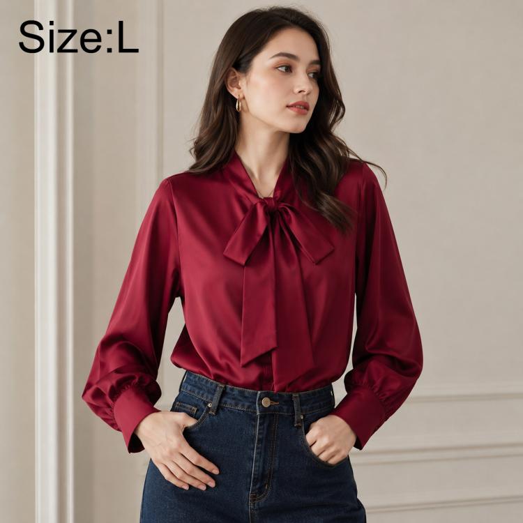 Bow Tie Neck Blouse Long Sleeve Women Casual Office Shirt, S, M, L, XL