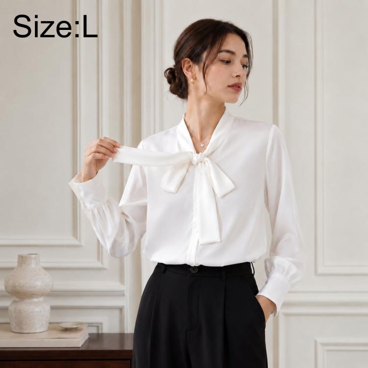 Bow Tie Neck Blouse Long Sleeve Women Casual Office Shirt, S, M, L, XL