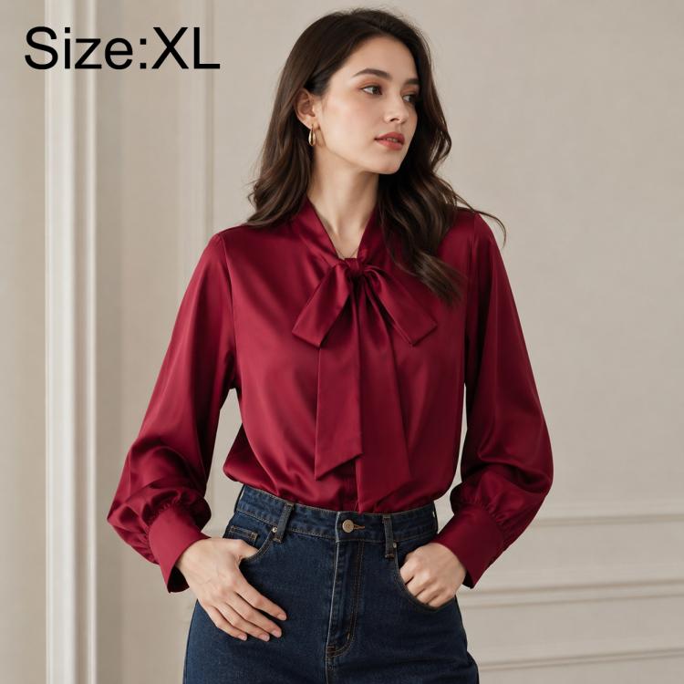 Bow Tie Neck Blouse Long Sleeve Women Casual Office Shirt, S, M, L, XL