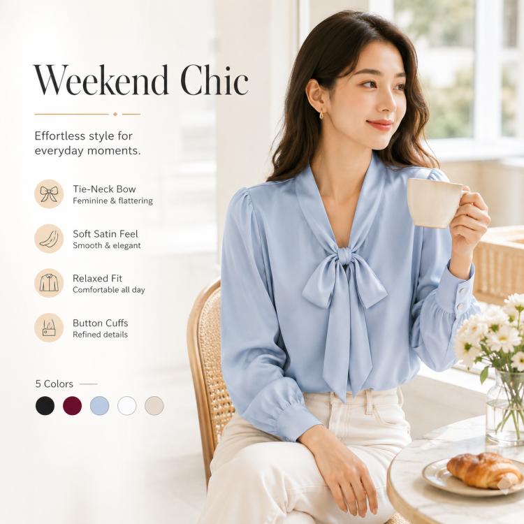 Bow Tie Neck Blouse Long Sleeve Women Casual Office Shirt, S, M, L, XL