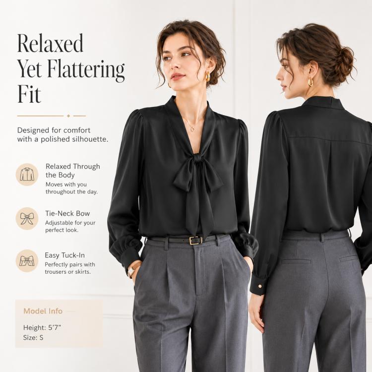 Bow Tie Neck Blouse Long Sleeve Women Casual Office Shirt, S, M, L, XL