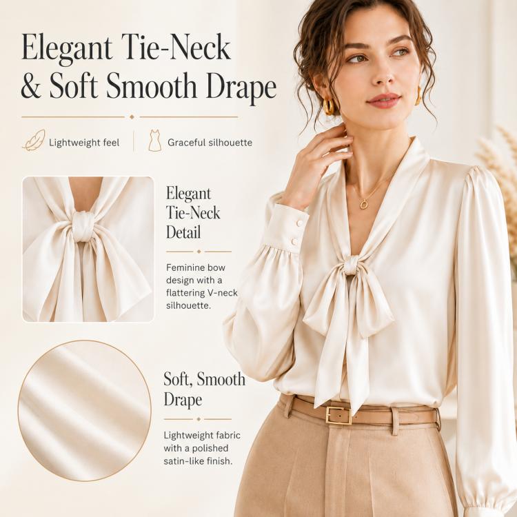 Bow Tie Neck Blouse Long Sleeve Women Casual Office Shirt, S, M, L, XL