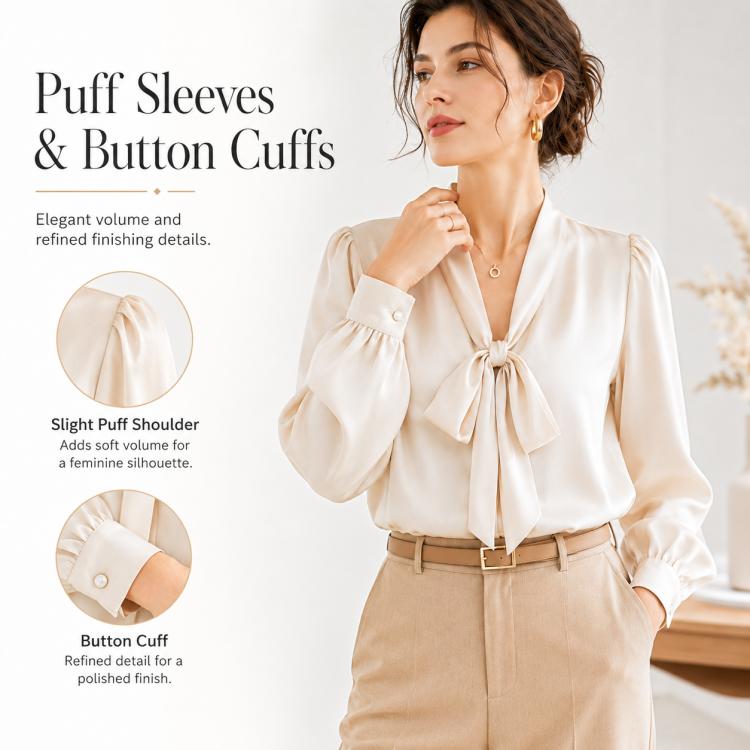 Bow Tie Neck Blouse Long Sleeve Women Casual Office Shirt, S, M, L, XL