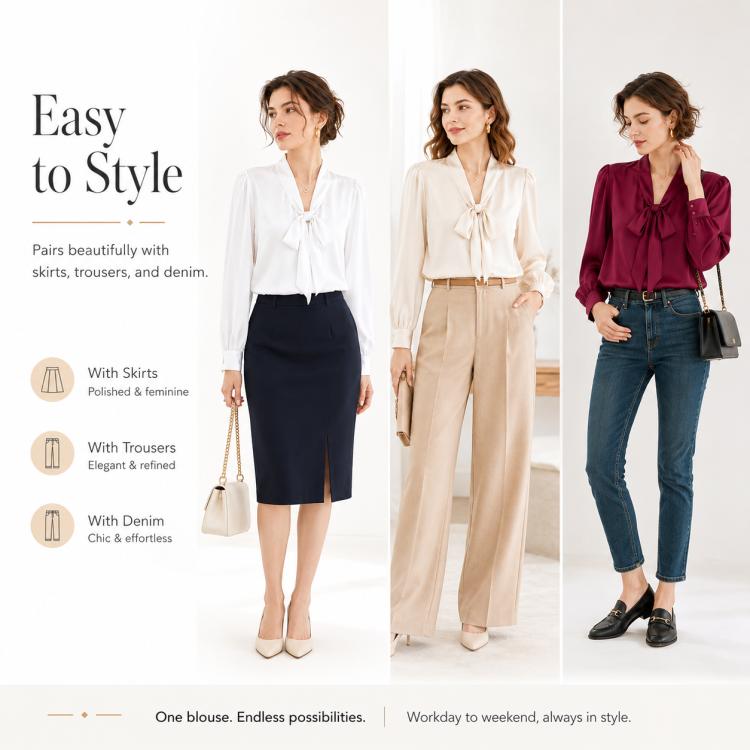 Bow Tie Neck Blouse Long Sleeve Women Casual Office Shirt, S, M, L, XL