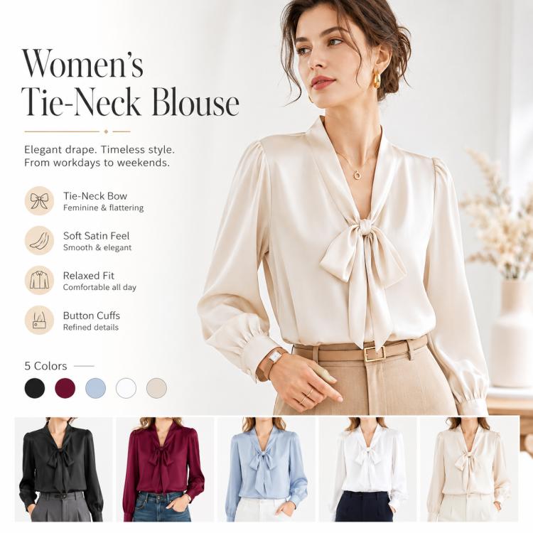 Bow Tie Neck Blouse Long Sleeve Women Casual Office Shirt, S, M, L, XL