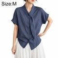 Vintage Plaid Tie Neck Blouse Women Short Sleeve Shirt, M, L, XL, 2XL