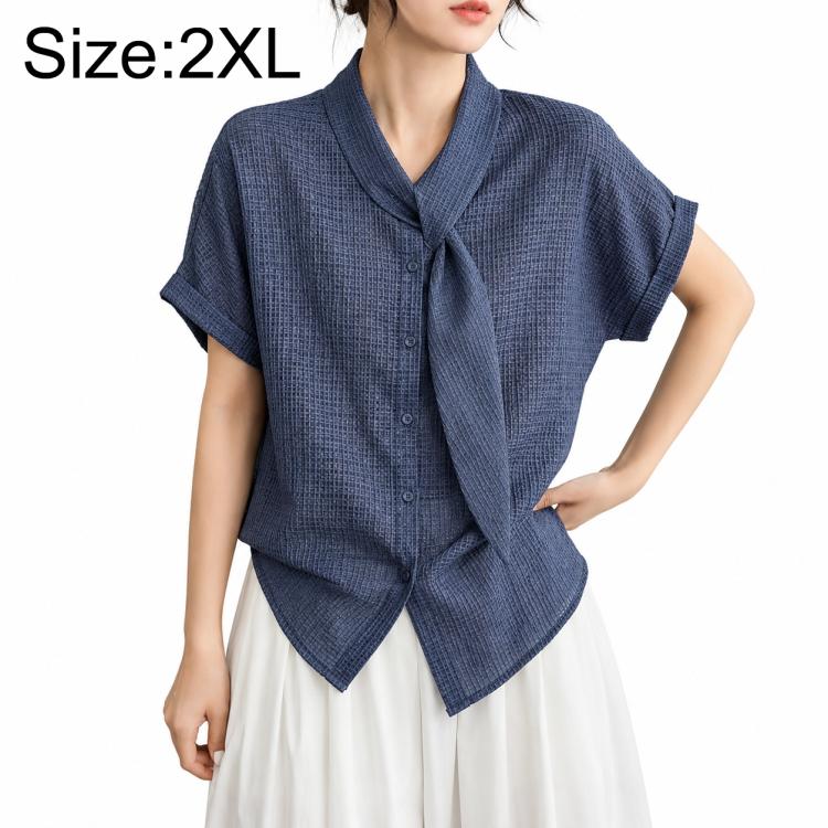 Vintage Plaid Tie Neck Blouse Women Short Sleeve Shirt, M, L, XL, 2XL