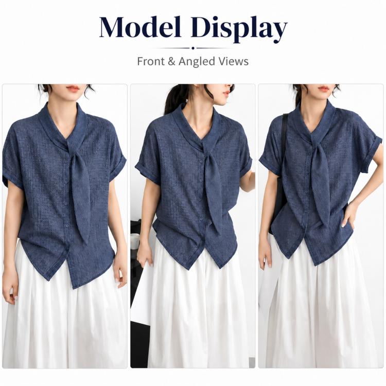 Vintage Plaid Tie Neck Blouse Women Short Sleeve Shirt, M, L, XL, 2XL