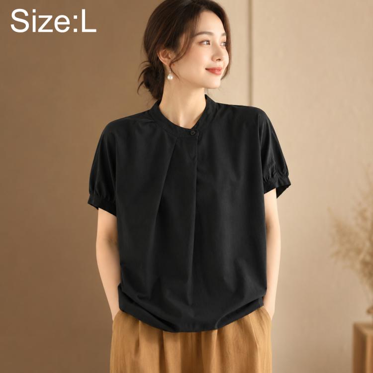 Vintage Overlap Collar Women Short Sleeve Shirt, M, L, XL, 2XL