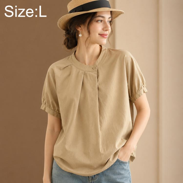 Vintage Overlap Collar Women Short Sleeve Shirt, M, L, XL, 2XL