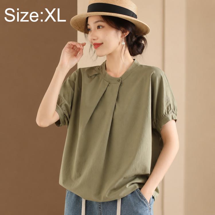 Vintage Overlap Collar Women Short Sleeve Shirt, M, L, XL, 2XL