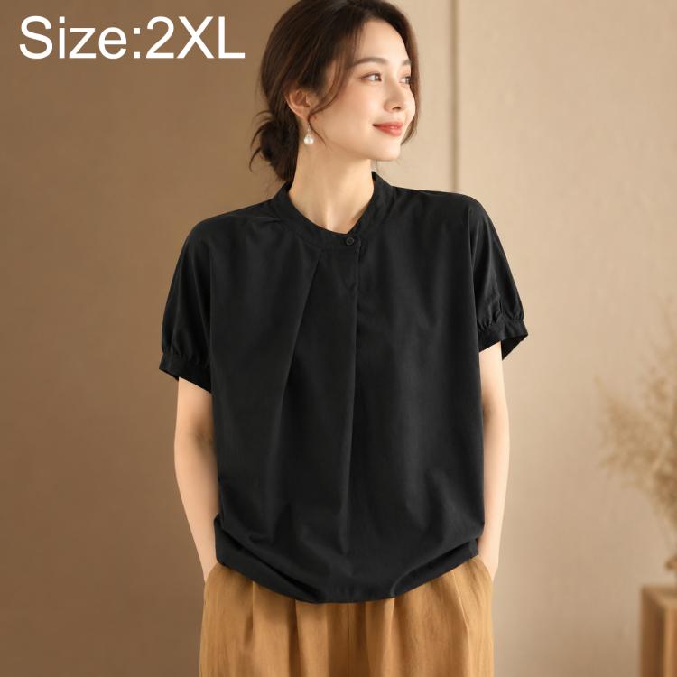 Vintage Overlap Collar Women Short Sleeve Shirt, M, L, XL, 2XL