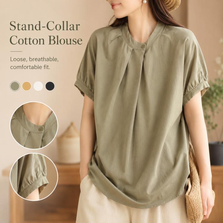 Vintage Overlap Collar Women Short Sleeve Shirt, M, L, XL, 2XL