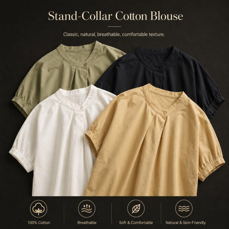 Vintage Overlap Collar Women Short Sleeve Shirt, M, L, XL, 2XL